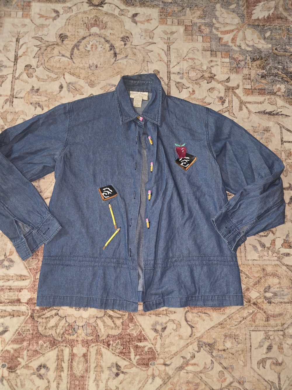 Denim Button-Down Shirt Jacket with Embroidered School Patches